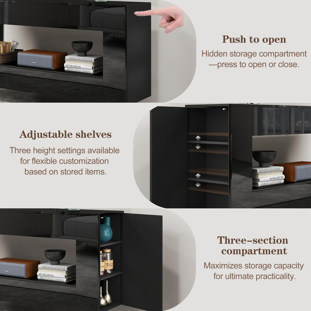 65" TV Stand with 2 Drawers & Hidden Storage Cabinets, High Gloss Black