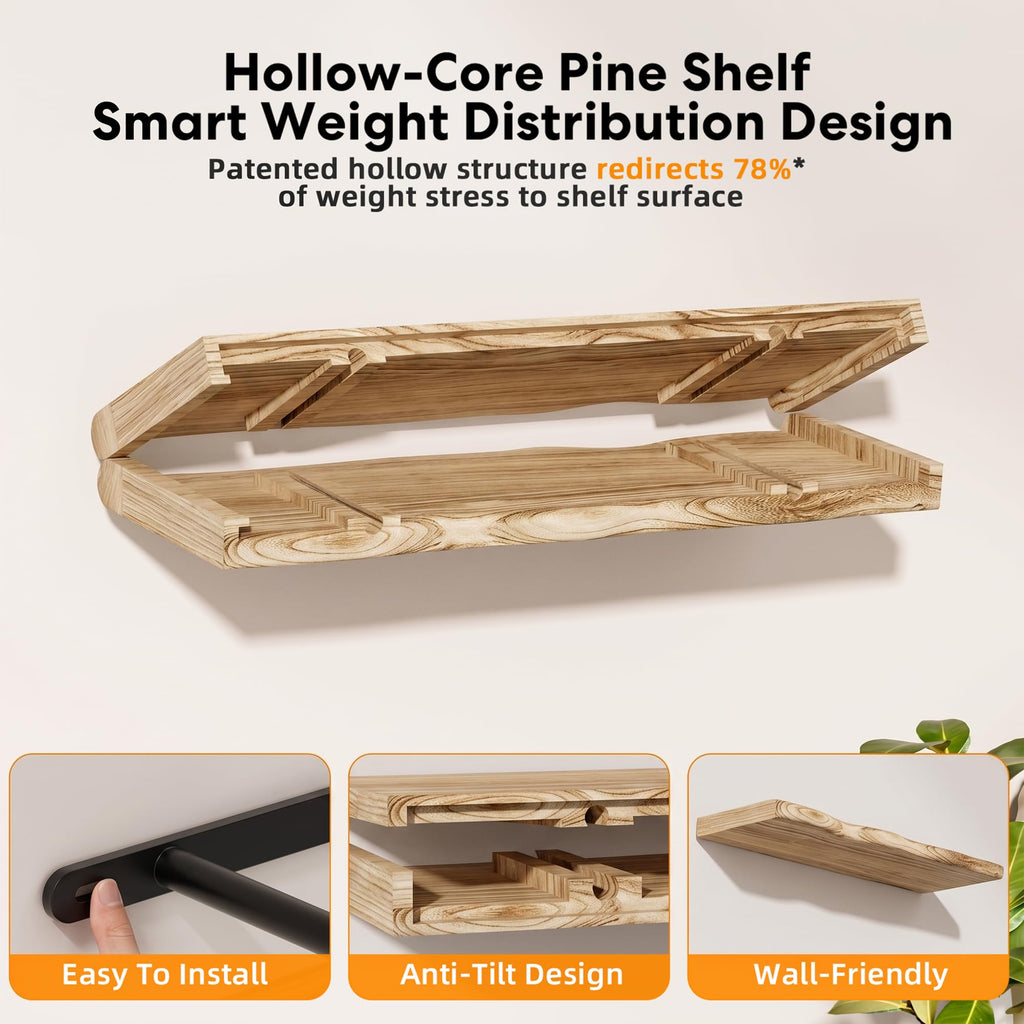 Wavy Edge Floating Shelves with Hidden Brackets, 2 Pack 36 in