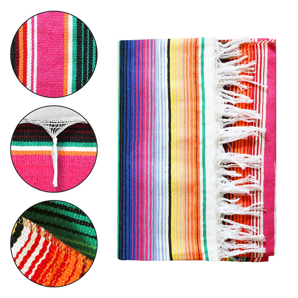 Mexican Serape Blanket, 84 X 59 Inch, Cotton, Rectangular, Rose Pink, Tablecloth, All-Season, Tassel
