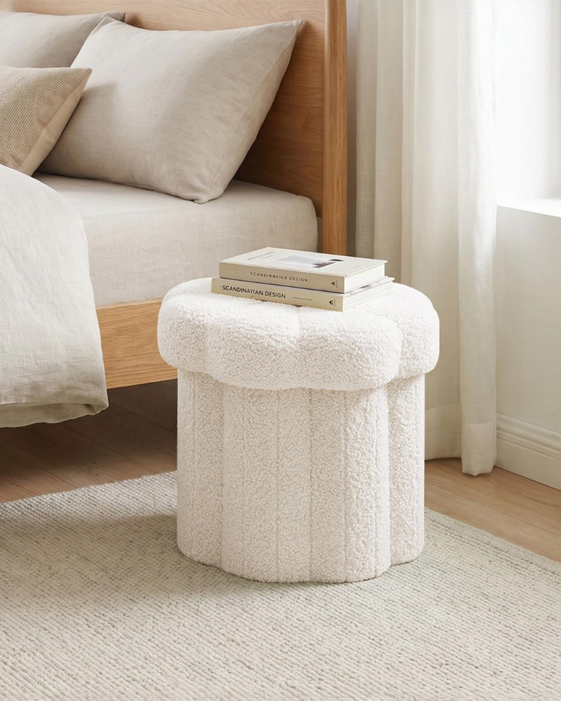 Folding Storage Ottoman, Cream Boucle Daisy Footstool