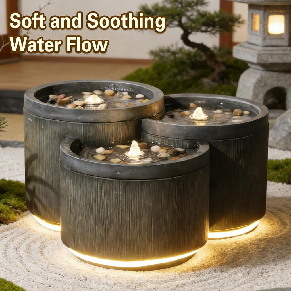 Small Modern Outdoor Water Fountain with 3 Led Lights Tiered Cascading Waterfall Feature with Quiet Pump Floor Water