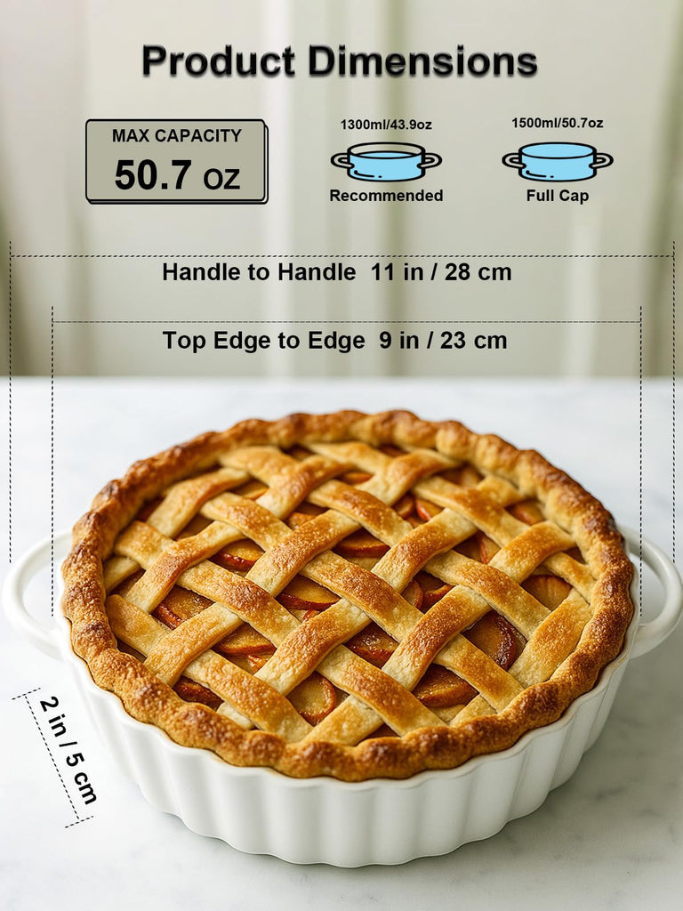 9×2in Deep Ceramic Pie Pan with Handles for Pie Quiche Tart Baking. Easy to grip, Lead-Free. Casserole Lasagna Dish
