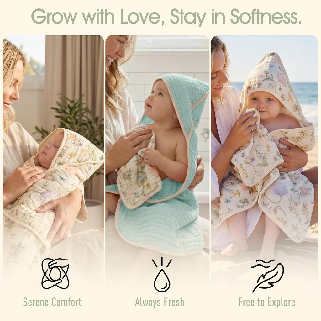 Muslin Baby Bath Towels Set Organic Cotton Blend (Garden Green)
