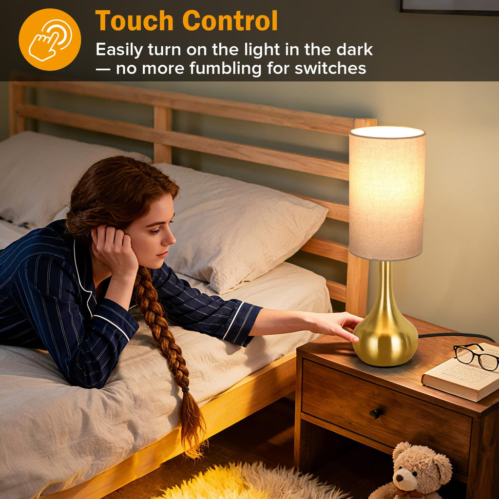 Touch Gold Table Lamp for Nightstand, 3-Way Dimmable, Space Saving & No Assembly Required, Upgraded Small Bedside