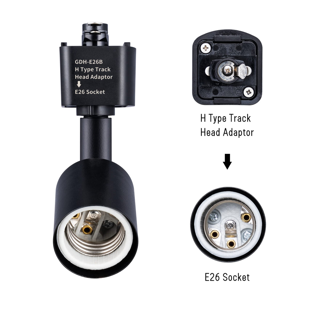 H Type Track Lighting Head to E26 Medium Screw Base Adapter Light Direction Adjustable Pack of 6 (Black)