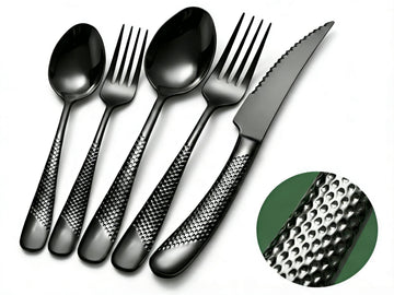20-Piece Modern Black Hammered Silverware Set with Sharp Serrated Knives, 18/10 Stainless Steel Flatware Set