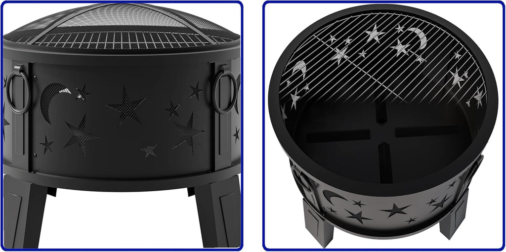 26" Outdoor Fire Pit with Grill & Mesh Cover, Wood Burning Steel Firepit with Poker & Star Spark Screen, Heavy Duty Patio Fire Bowl for Backyard - Image 4