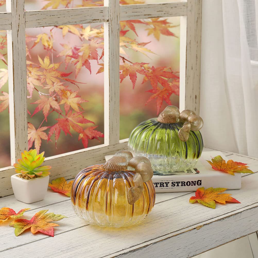 4.72 Inch Hand Blown Two-Tone Green Crackle Glass Pumpkin Table Accent for Fall Harvest Decoration