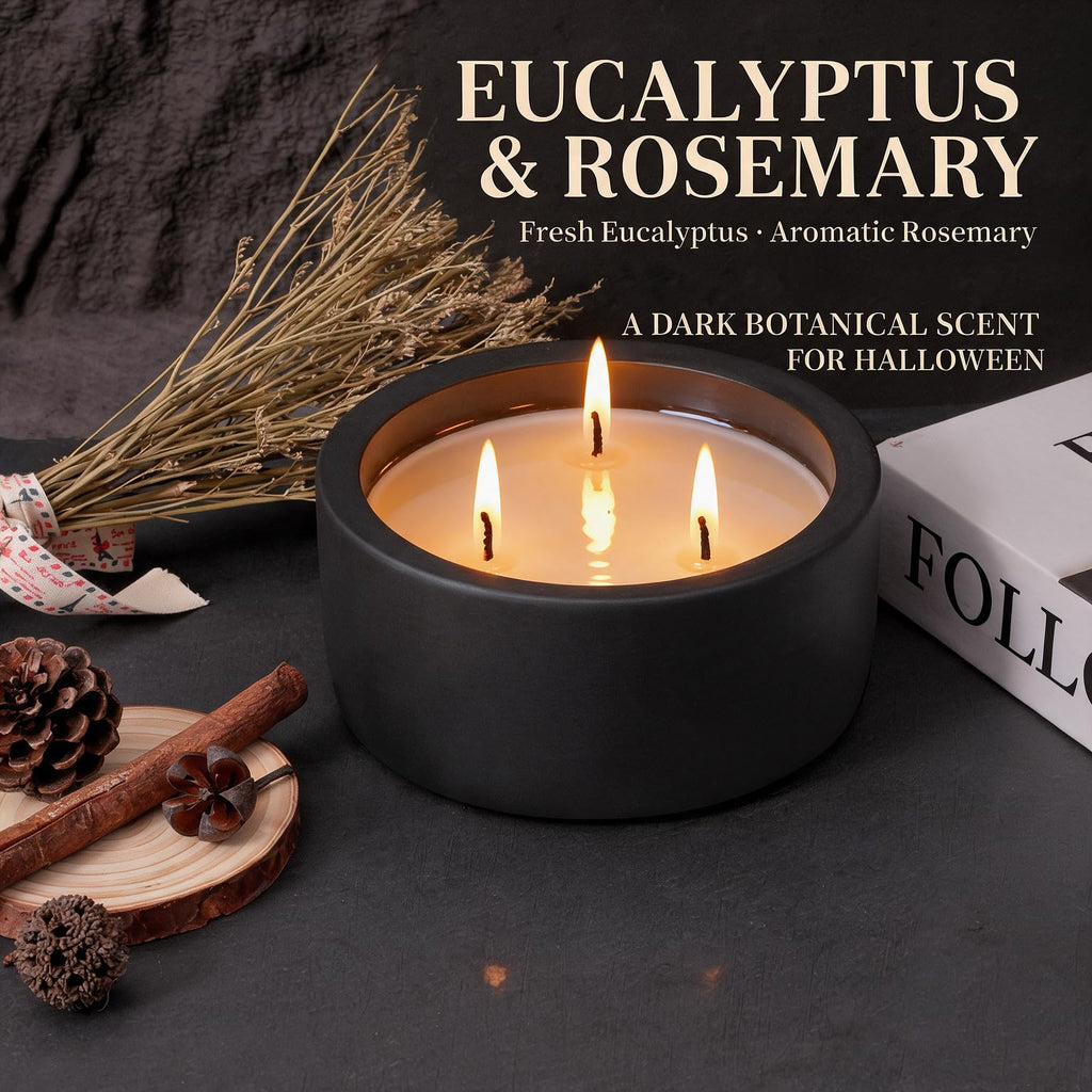 20oz Large Decorative Black Candle - Eucalyptus & Rosemary, 3 Wick Fall Scented Soy Candle for Women & Men, Matte