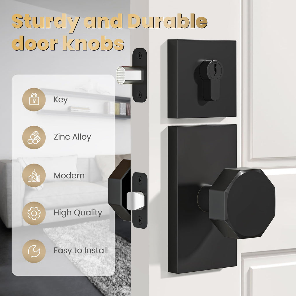 Matte Black Door Knobs with Deadbolt Set, Black Front Door Lock Set