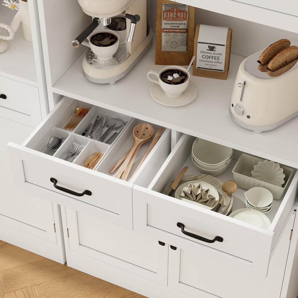 71" Tall Kitchen Pantry Storage Cabinet, Wood Kitchen Hutch, White | Modern Pantry Cabinet with Microwave Stand