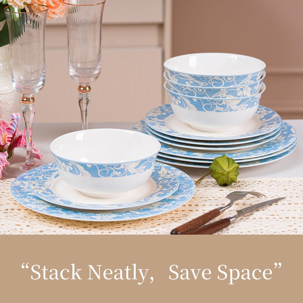 Bone China Dinnerware Set for 4, 12 Pcs White Plates and Bowls, Blue Rim