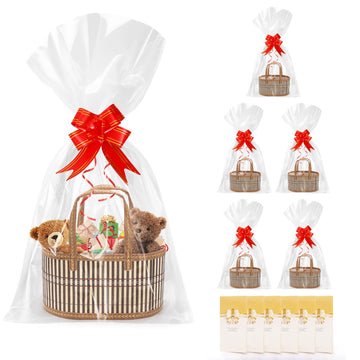 6 Pack Baskets for Gifts Empty, Sturdy Woven Bamboo Basket with Handles, Large Foldable Gift Baskets Kit To Fill with