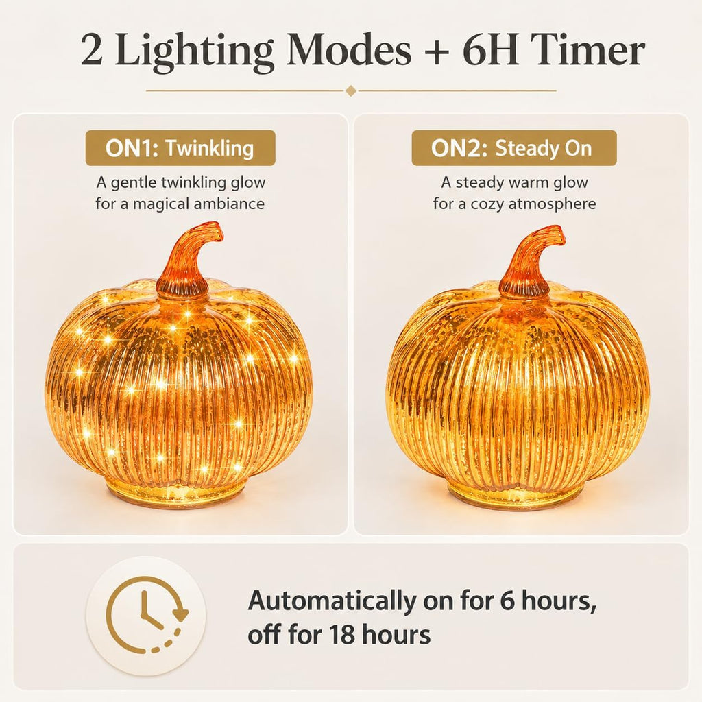 Gold Mercury Glass Pumpkin Light with 2 Lighting Modes and 6-Hour Timer, 5.5 x 6 Inch Battery Operated Fall Decor