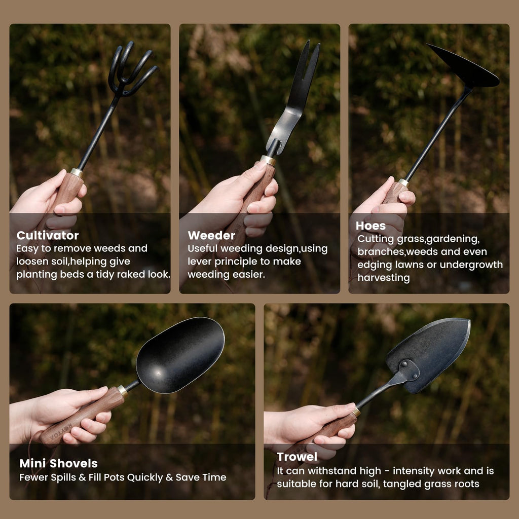 Garden Tool Set, 5PCS Gardening Tools, Stainless Steel Heavy Duty Hand Cultivator, Hoes, Shovel, Trowel and Weeder
