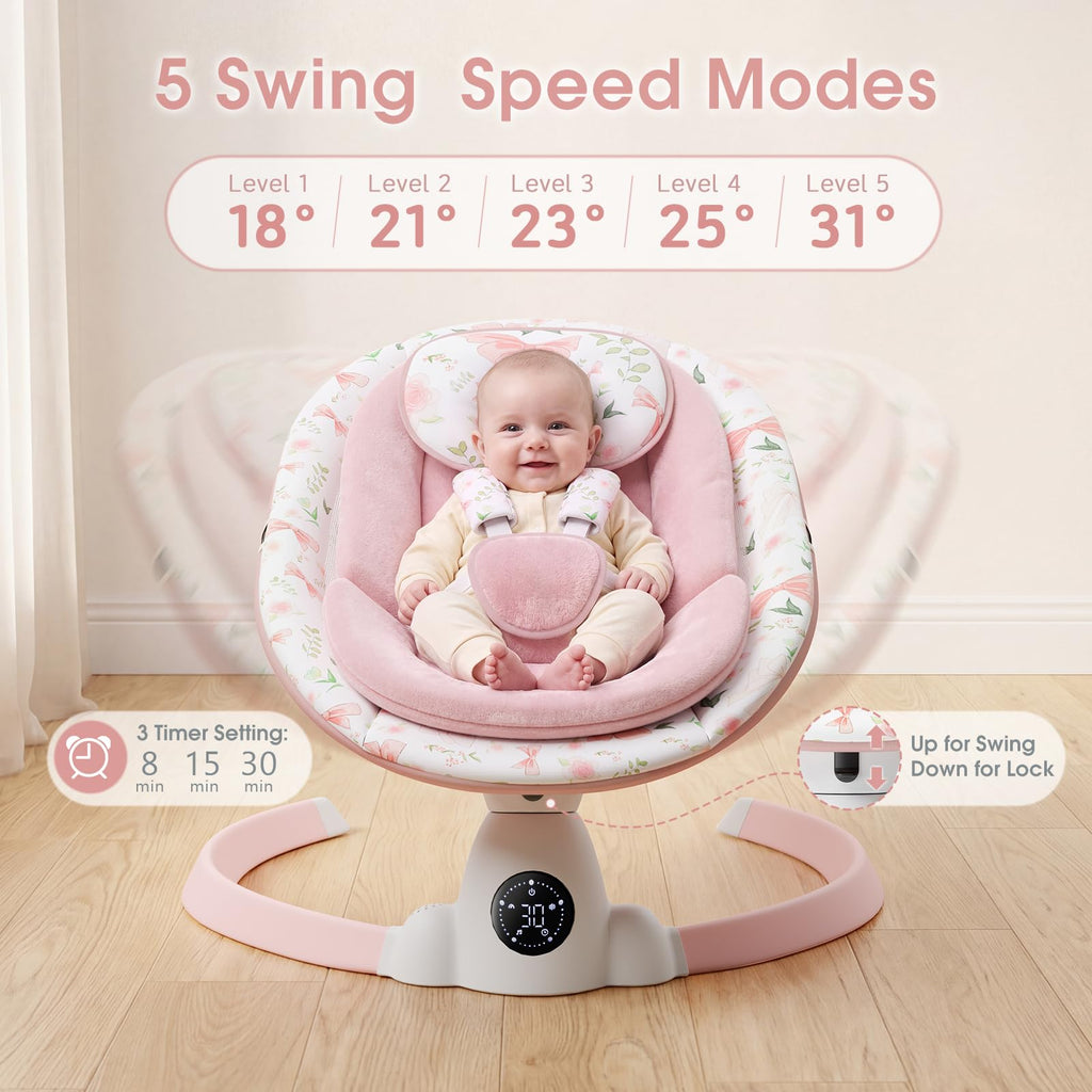 Baby Swing for Infants with 5 Swing Speeds, Portable Electric Baby Swing with Bluetooth, Touch Panel, 5-Point