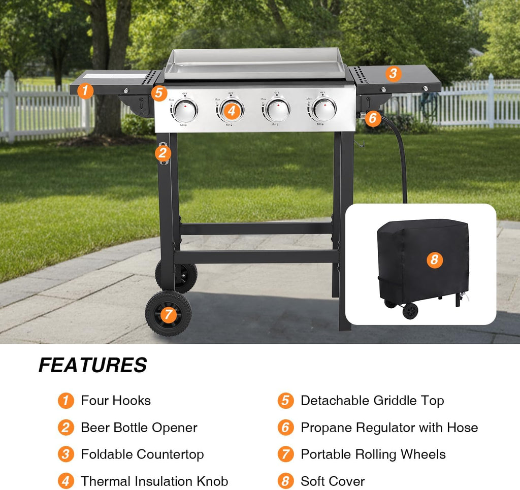 4-Burner Propane Gas Griddle, 40,000 BTU Flat Top Grill with Foldable Side Tables and Wheels, 291 Sq. In. Cooking Area