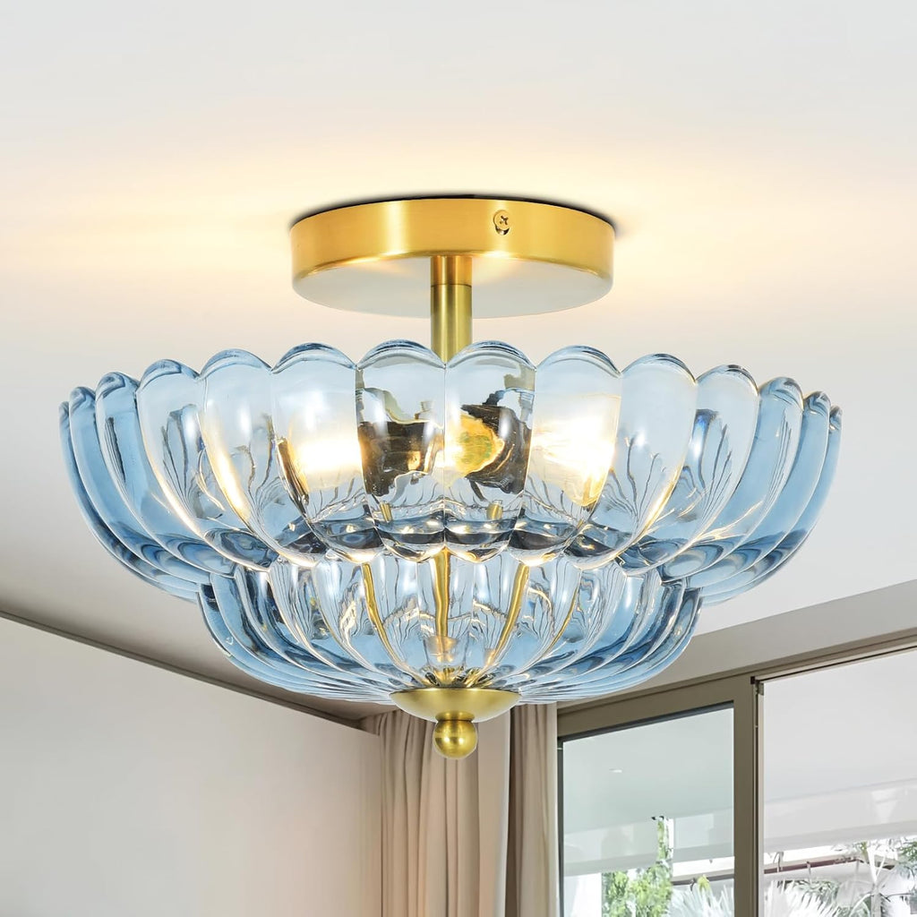 3-Light 12 Inch Blue Semi Flush Mount Ceiling Light | Modern Flush Mount Ceiling Light with Flower Glass Shade
