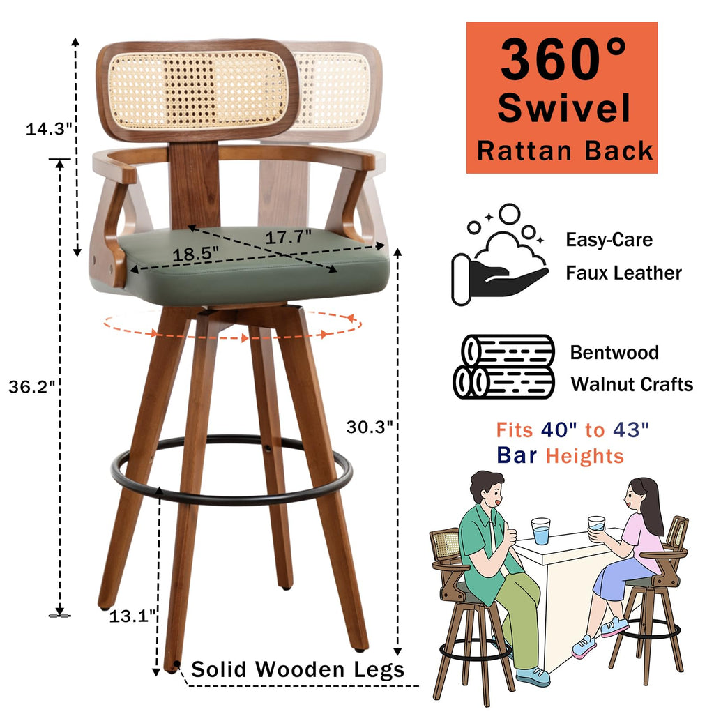 Rattan Swivel Bar Stools, Mid Century Modern Barstools with Curved Back