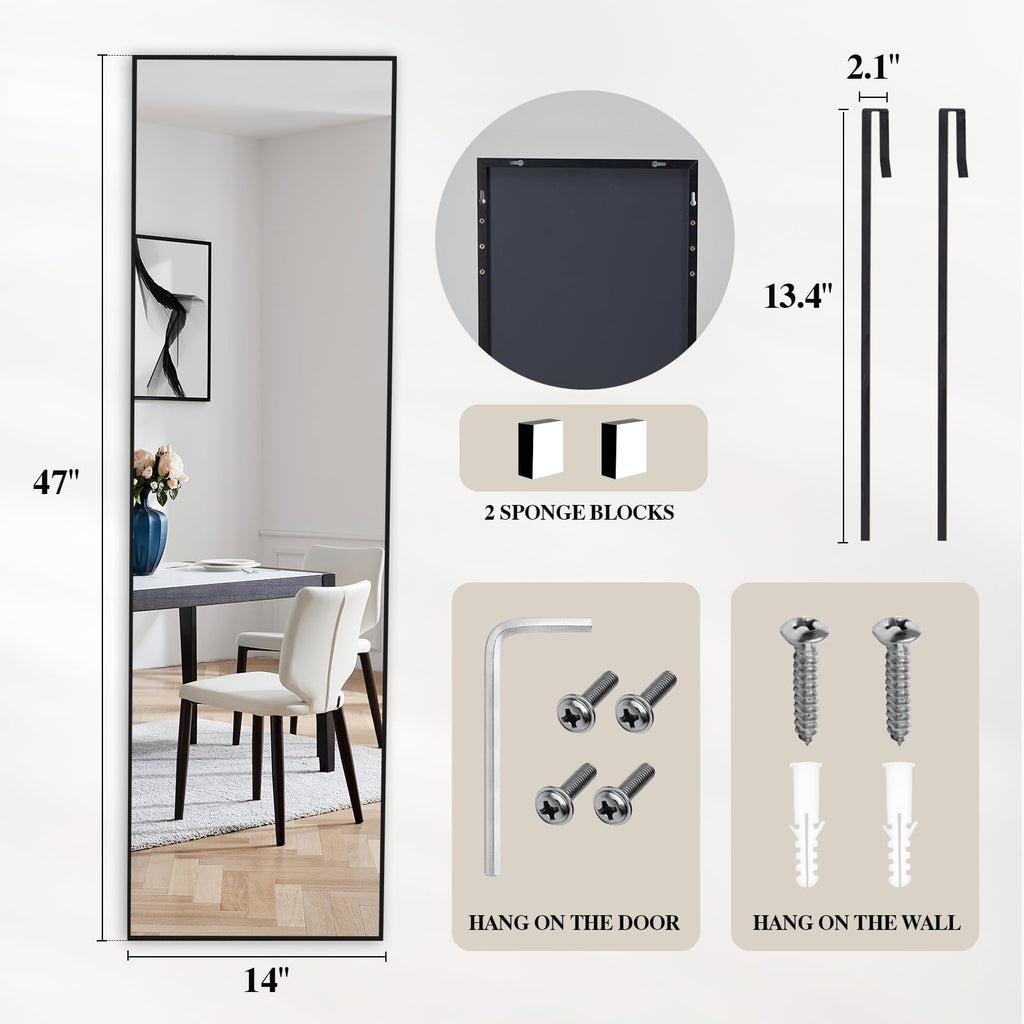 Full Length Mirror Over the Door, 47"x14" Wall Mount Mirror