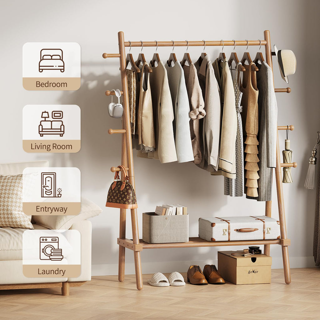 Solid Wood Clothes Rack - Heavy Duty Clothing Racks for Hanging Clothes with 8 Hooks, Portable Garment Rack for Dress