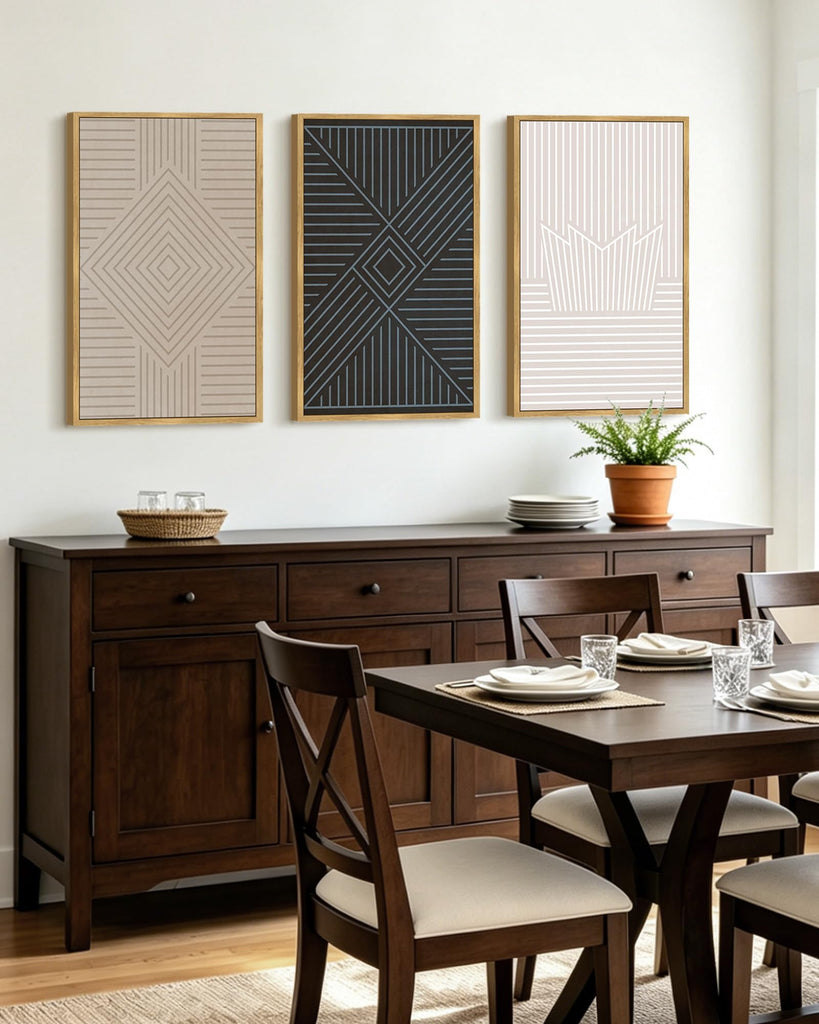 Minimalist Abstract Bohemian Framed Wall Art Modern Boho Neutral Line Wall Decor Geometric Artwork Bedroom Dining
