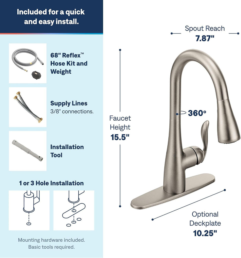 Arbor Spot Resist Stainless One-Handle Pulldown Kitchen Faucet with Sprayer and a Reflex Docking System, Kitchen Sink