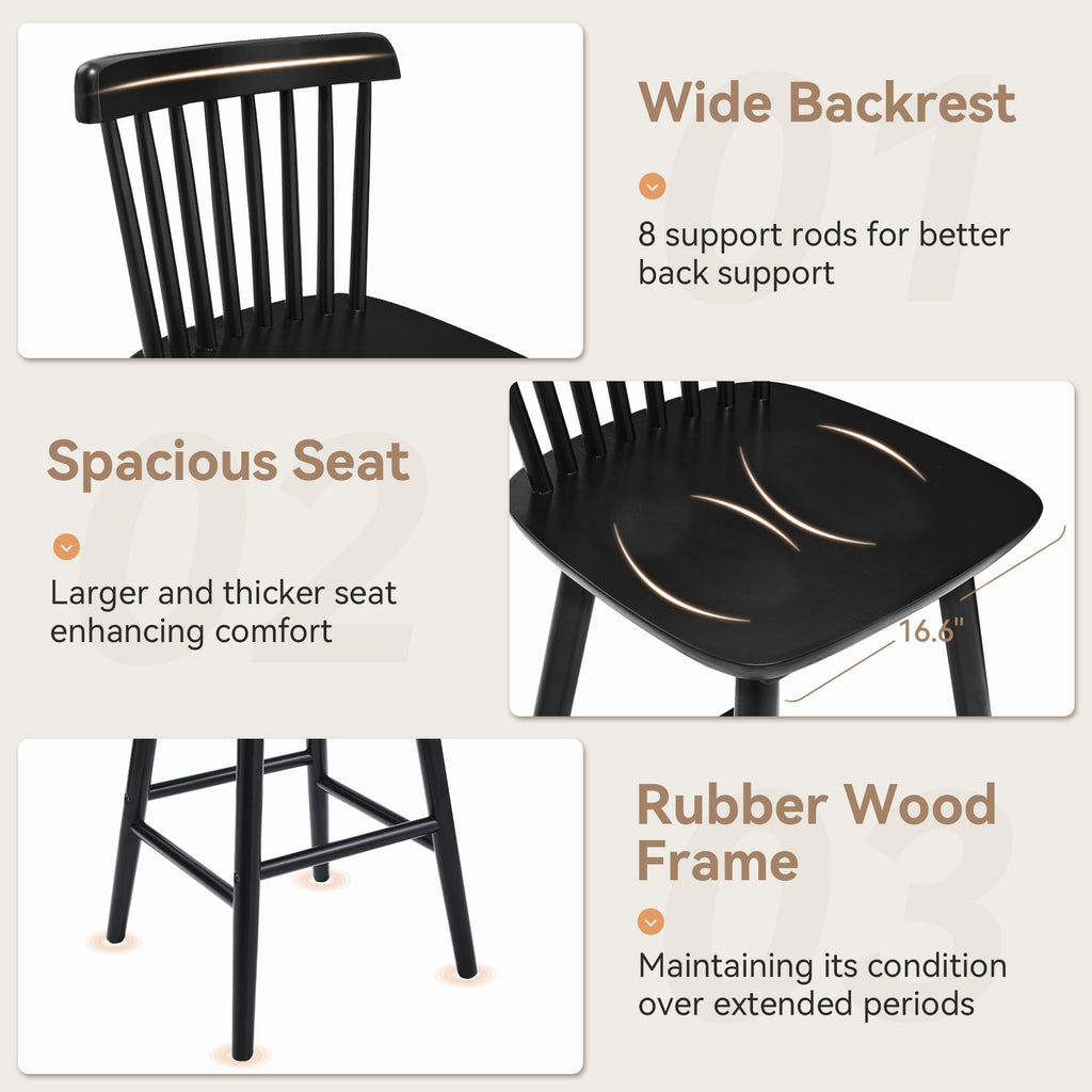 Upgraded Windsor Wooden Black Bar Stools Set of 4, 30 Inch Bar Height Barstools with Spindle Back/Bigger Seat Island