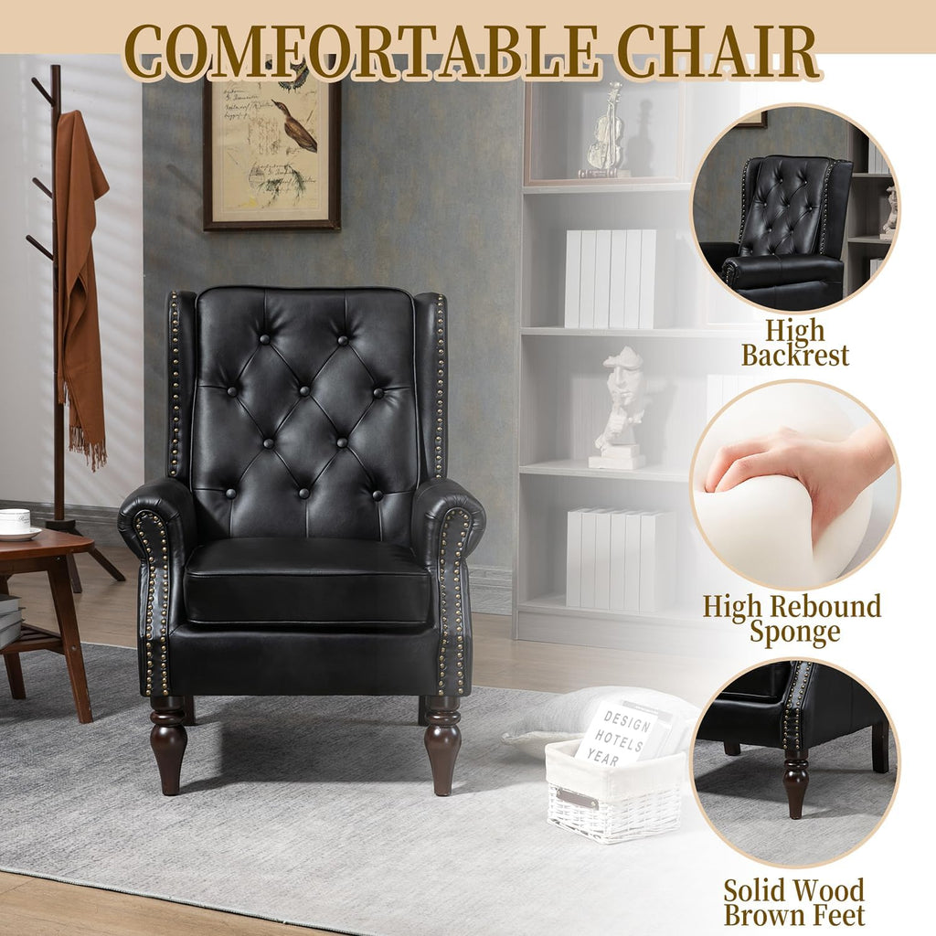 Mid-Century Wingback Chair, PU Leather Accent Chair Armchair with Buttons,Modern Living Room Chairs with Rivet