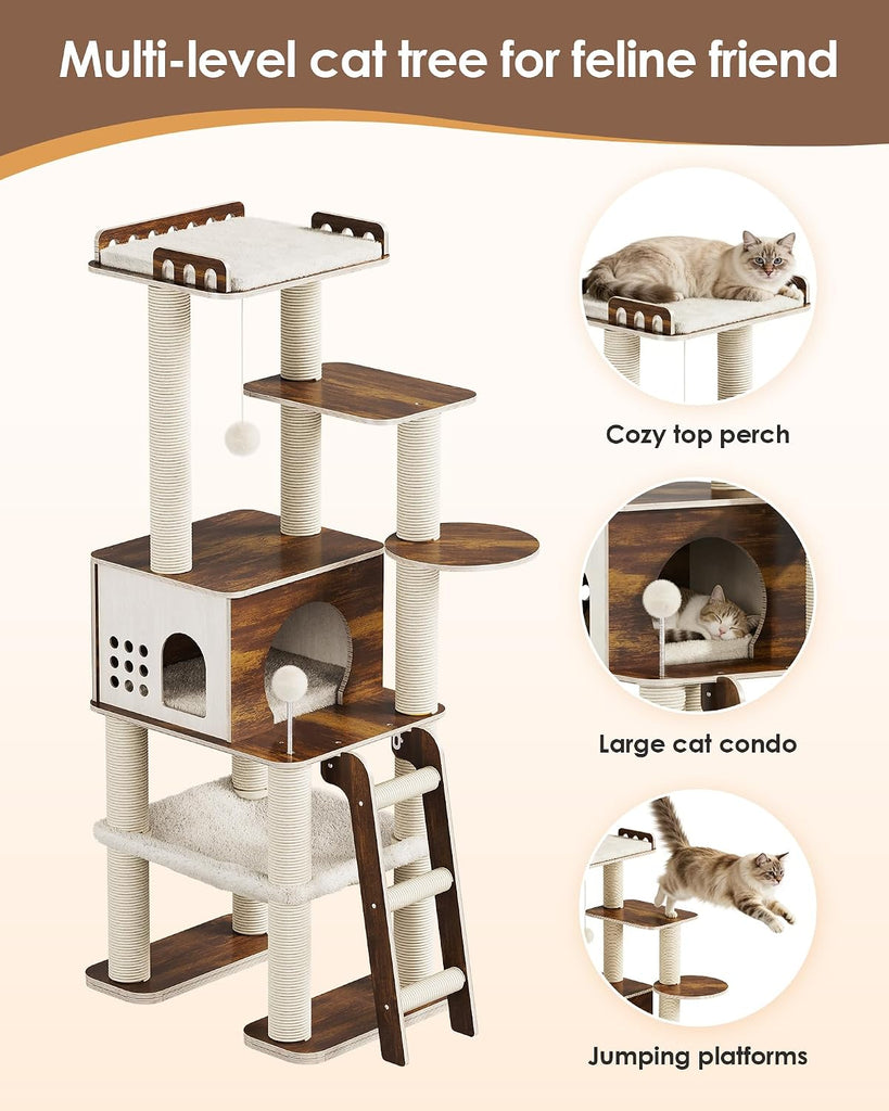 Modern Cat Tower, 60.3 Inches Multi-Level Cat Tree with Dark Wood-Look Panels, Sisal Scratching Posts, Hammock &