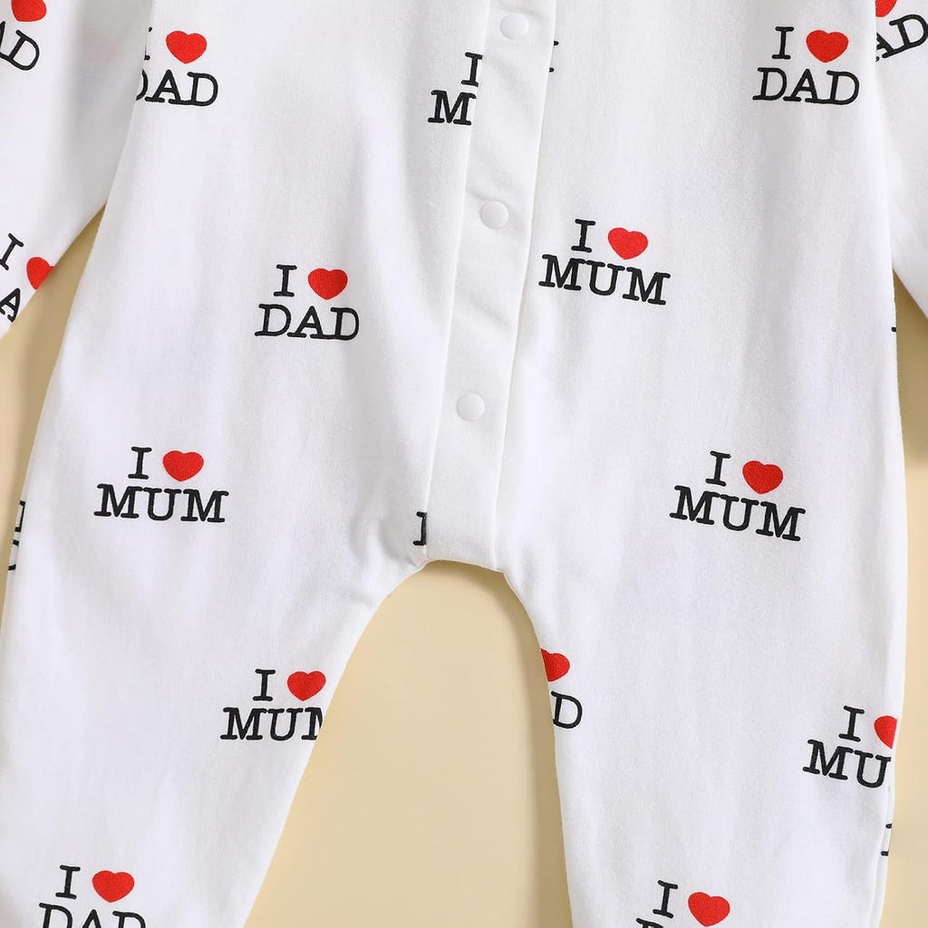 "I Love DAD Mum Lovely Solid Letters Printed Long-Sleeve Baby Jumpsuit
