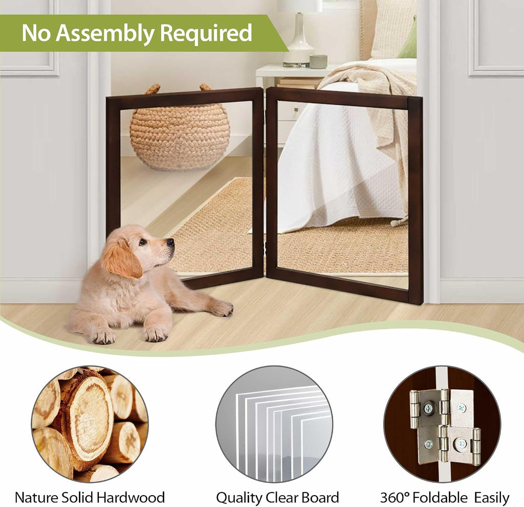 Clear Dog Gate for Indoor Use - Transparent Pet Fence with Solid Hardwood and Plastic Board, Stylish & Durable