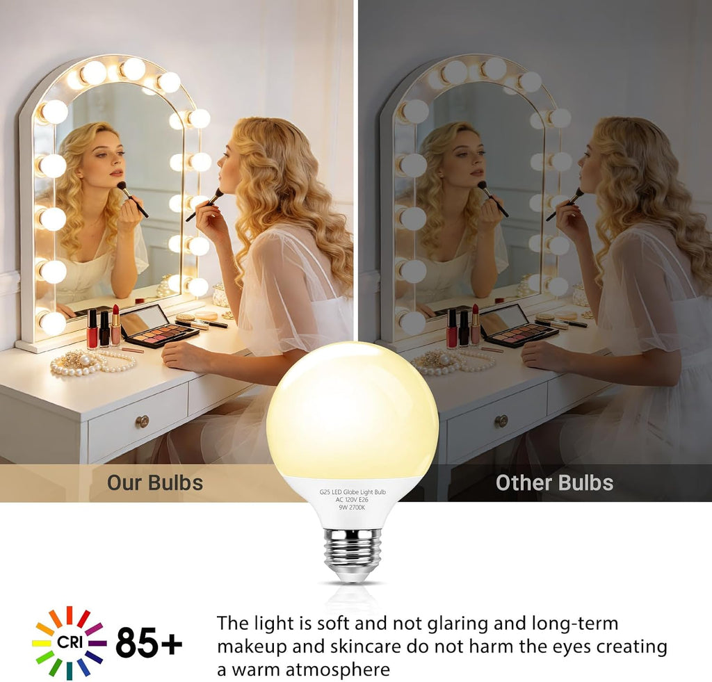 G25 LED Globe Light Bulbs,Dimmable Bathroom Vanity Light Bulbs E26 Base,9W (90W Equivalent), Round Light Bulbs Makeup
