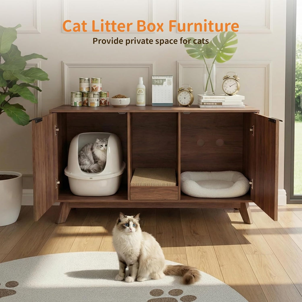 Double Cat Litter Box Enclosure for 2 Cats, Fluted Hidden Litter Box Furniture with Litter Collector & Scratch Pad, 47"