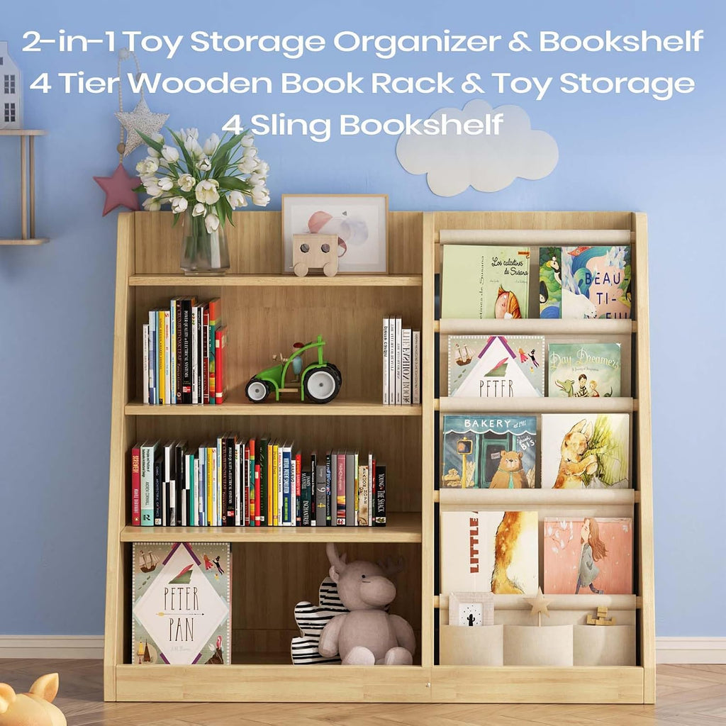 Kids Bookshelf and Toy Storage Organizer, 4 Tier Wooden Kids Book Shelf with Sling Book Rack in Kids Room Playroom