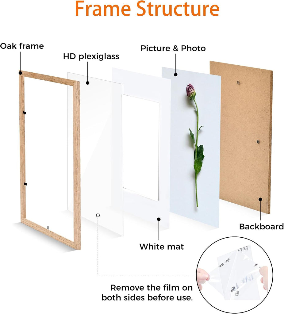 8x10 Picture Frame Set of 6 Solid Oak Wood Photo Frames with Plexiglass Display Picture 5x7 with mat or 8 x 10