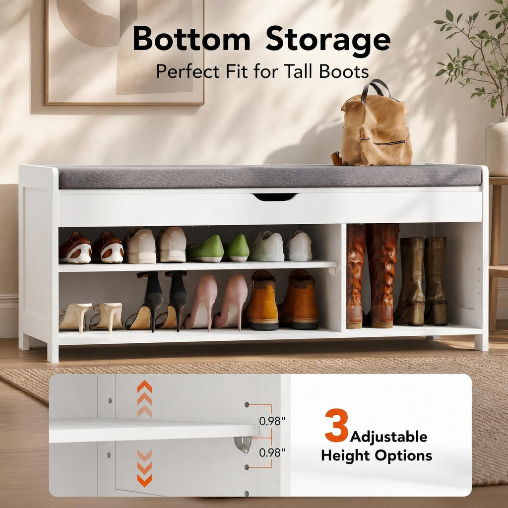Shoe Storage Bench with Seating, Farmhouse Entryway Bench, White