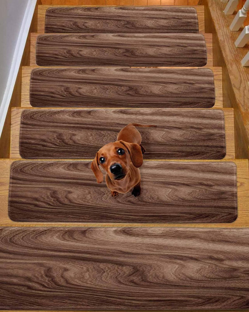 Brown Wave Wood Grain Stair Treads Farmhouse Plants Annual Rings Texture Indoor Non Slip Peel and Stick Stair Treads