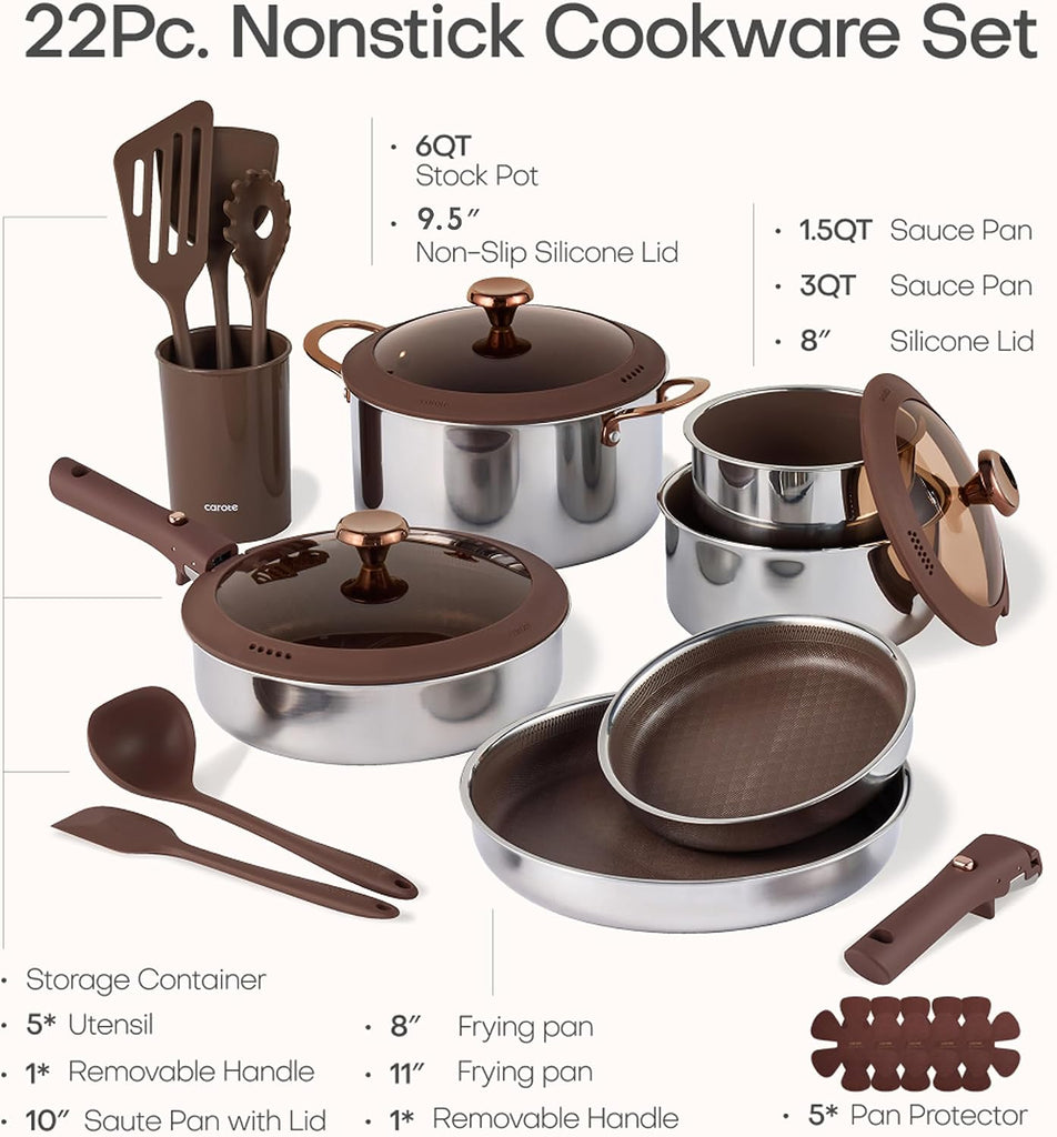 22pcs Hybrid Nonstick Pots and Pans Set, Stainless Steel Cookware Set with Honeycomb Titanium Interior, Induction