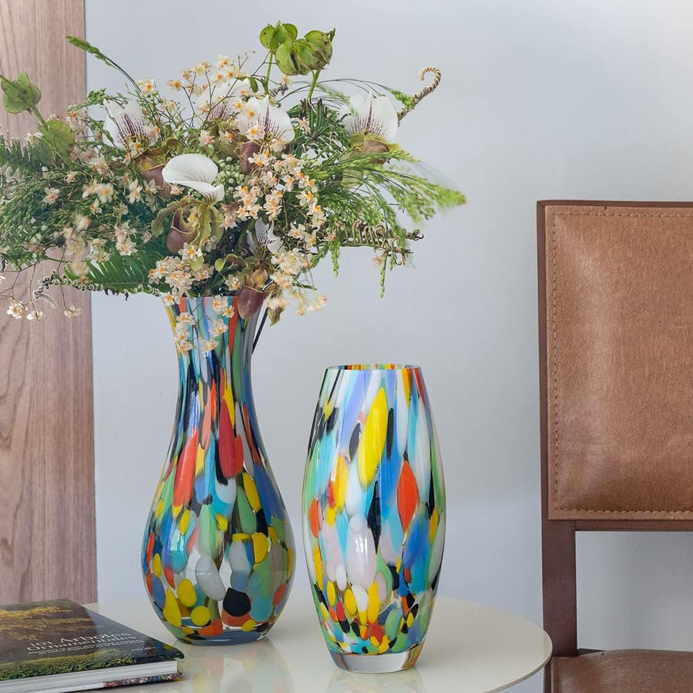 Murano Style Art Glass Vase Hand Blown Colorful Confetti Effect Home Decor