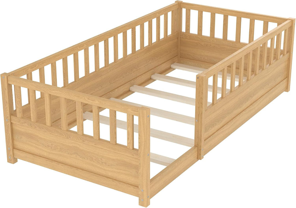 Twin Size Floor Bed with Slats and Fence