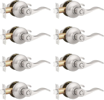 Satin Nickel Interior 8 Pack Door Handles, Privacy Keyless Door Levers for Bed and Bath, Drop/Wave Reversible Brushed