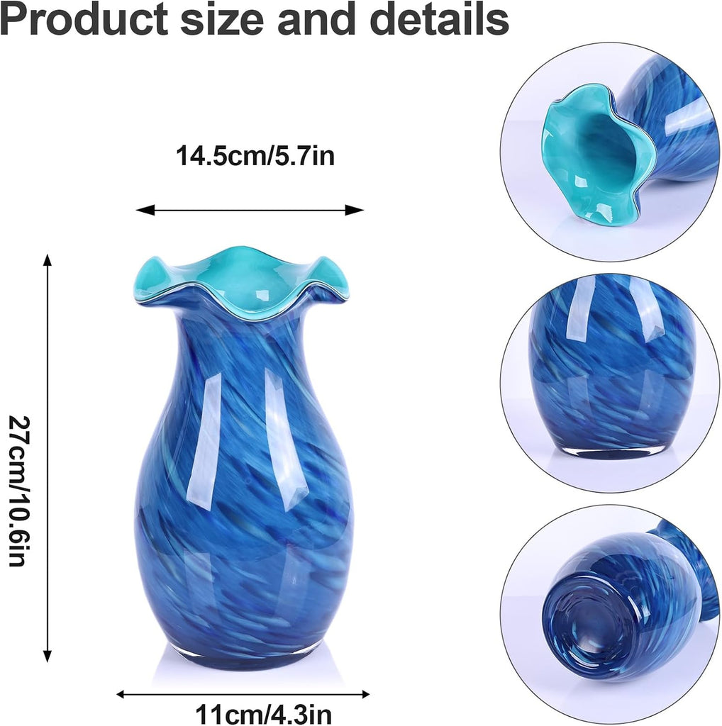 10.6in Hand Blown Blue Glass Vase - Wide Mouth Murano Bubble Art Glass Vase, Cobalt Blue Flower Vase for Coastal