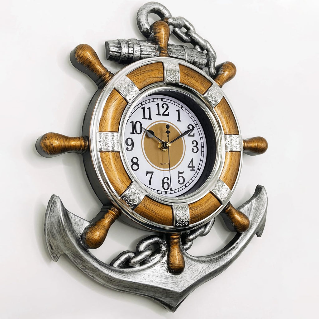 Anchor Clock- Nautical Ship Wheel Rudder Outdoor Wall Clock - Beach Sea Style Decorative Clock (Retro Silver+Bronze)
