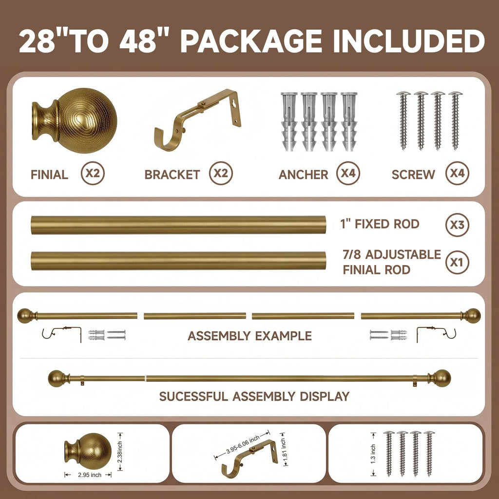 Warm Gold Curtain Rods for Windows 28 to 48 Inch(2.3-4ft)- 1'' Diameter Heavy Duty Curtain Rods with Golden