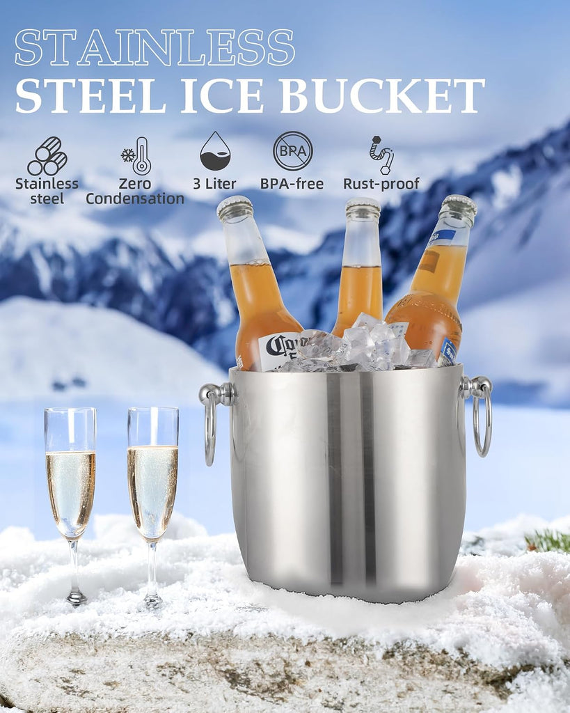 Insulated Ice Bucket, 3L Double Wall Stainless Steel Ice Bucket