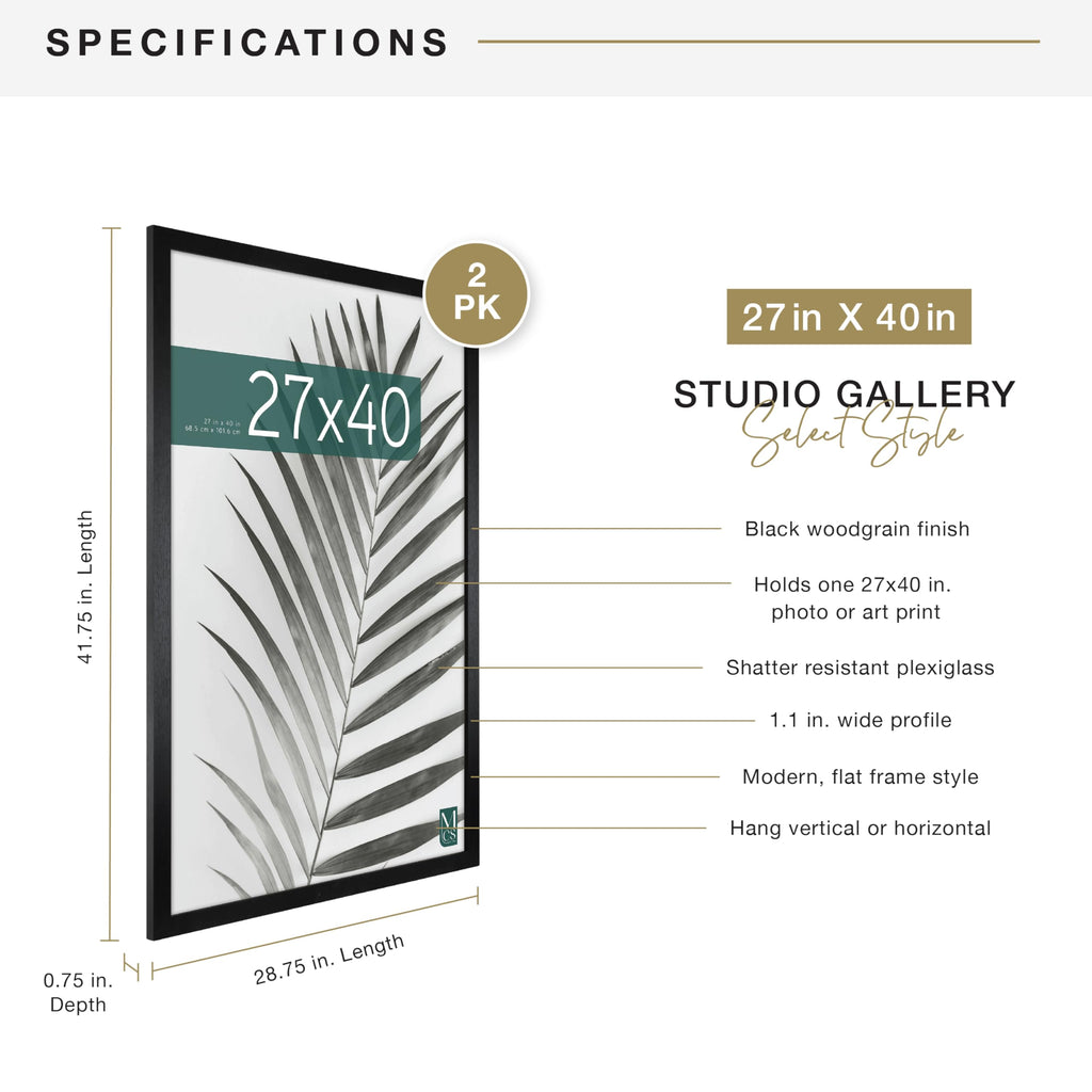 Studio Gallery Movie Poster Frame, 27x40, Black Woodgrain, 2-Pack