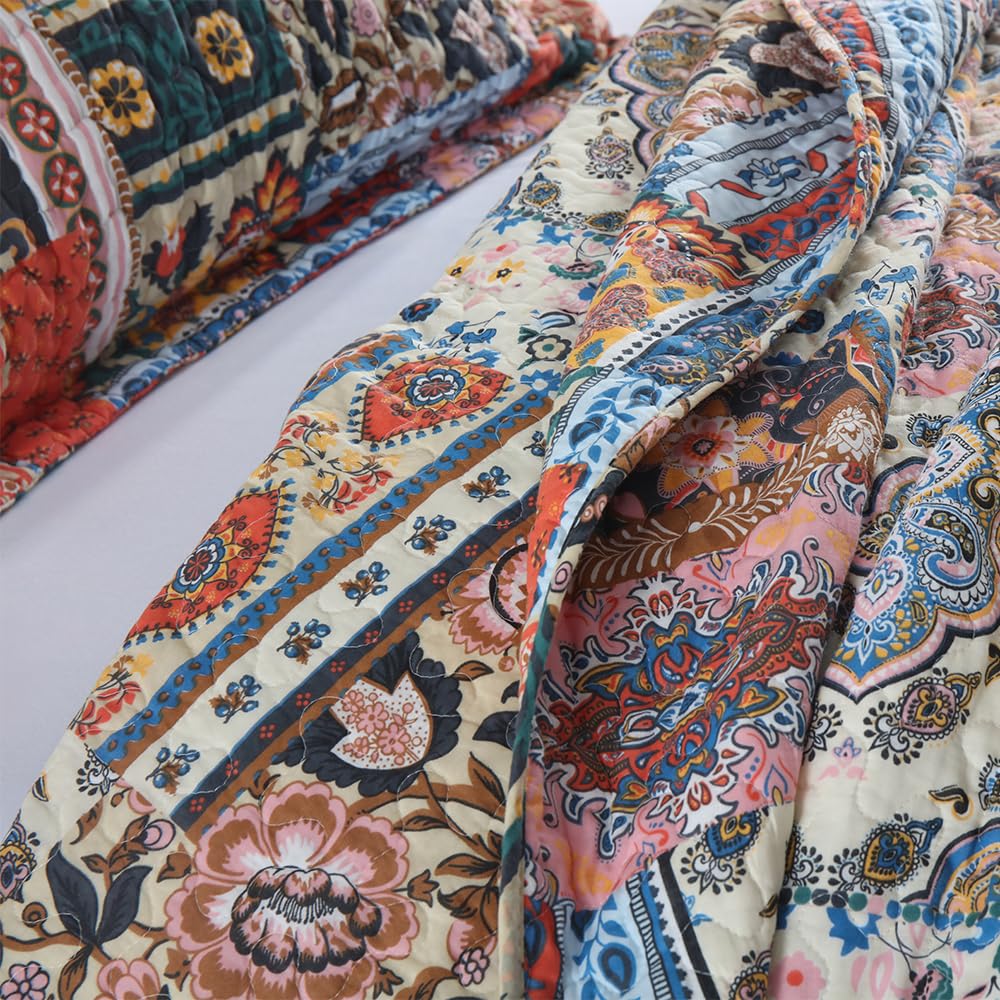 Cotton Bedspread Bohemain Quilt Sets, Reversible Coverlet Lightweight Comforters with 2 Shams, Vintage Farmhouse
