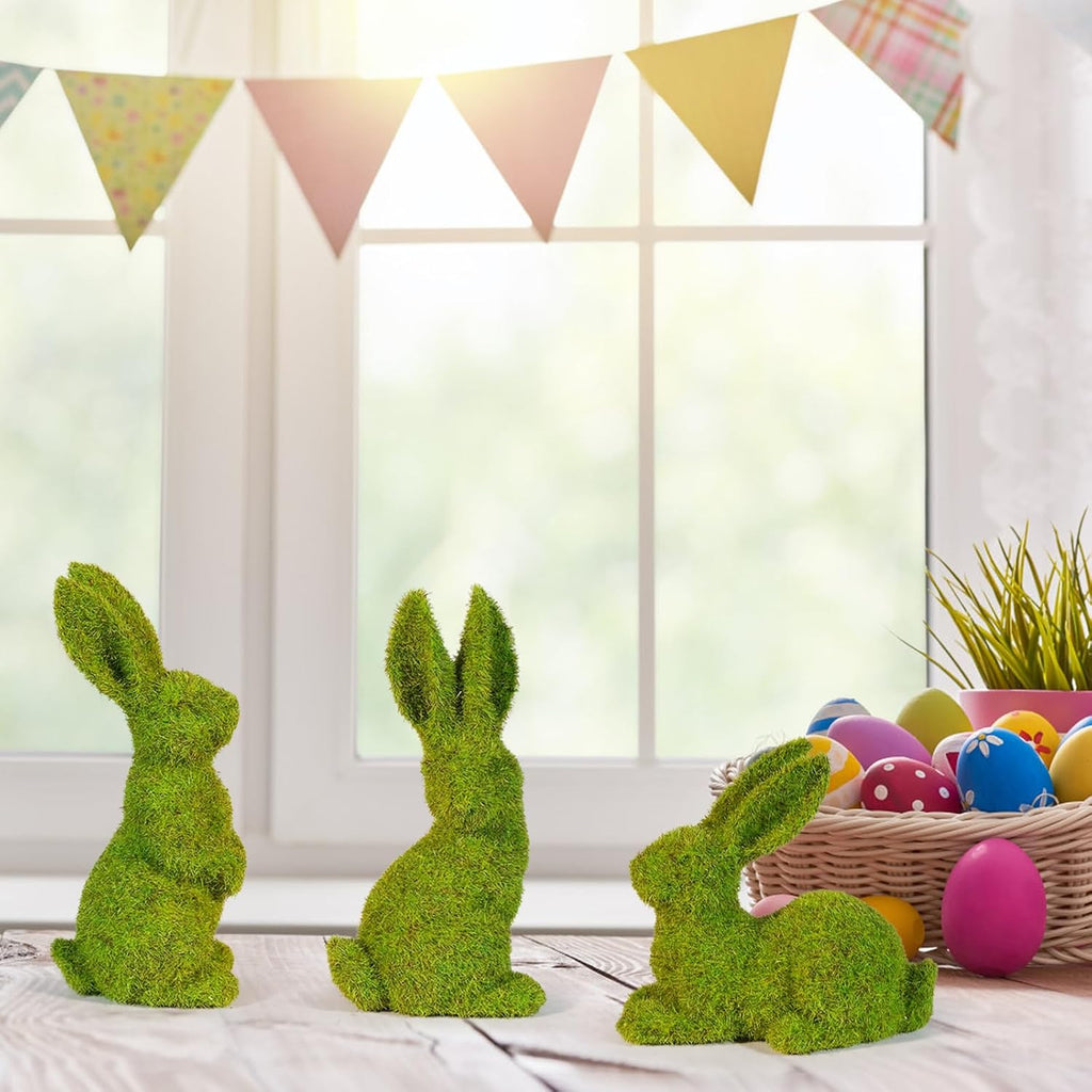 Easter Bunny Decorations,Resin Moss Bunny Figurine Features Larger Ears,Garden Artificial Moss Rabbit Easter Décor - Set of 3