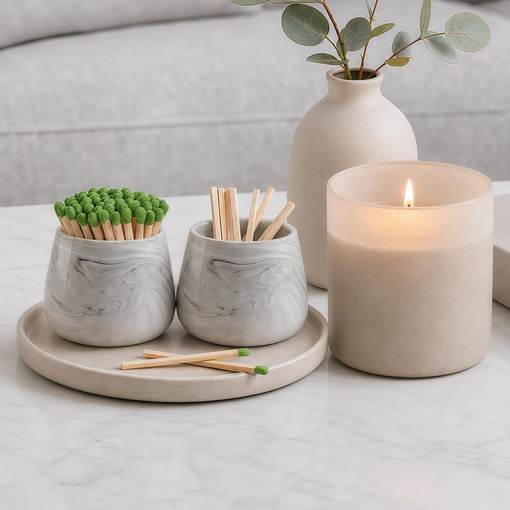 Marble Ceramic Match Holder with Striker Decorative Jar - Set of 2